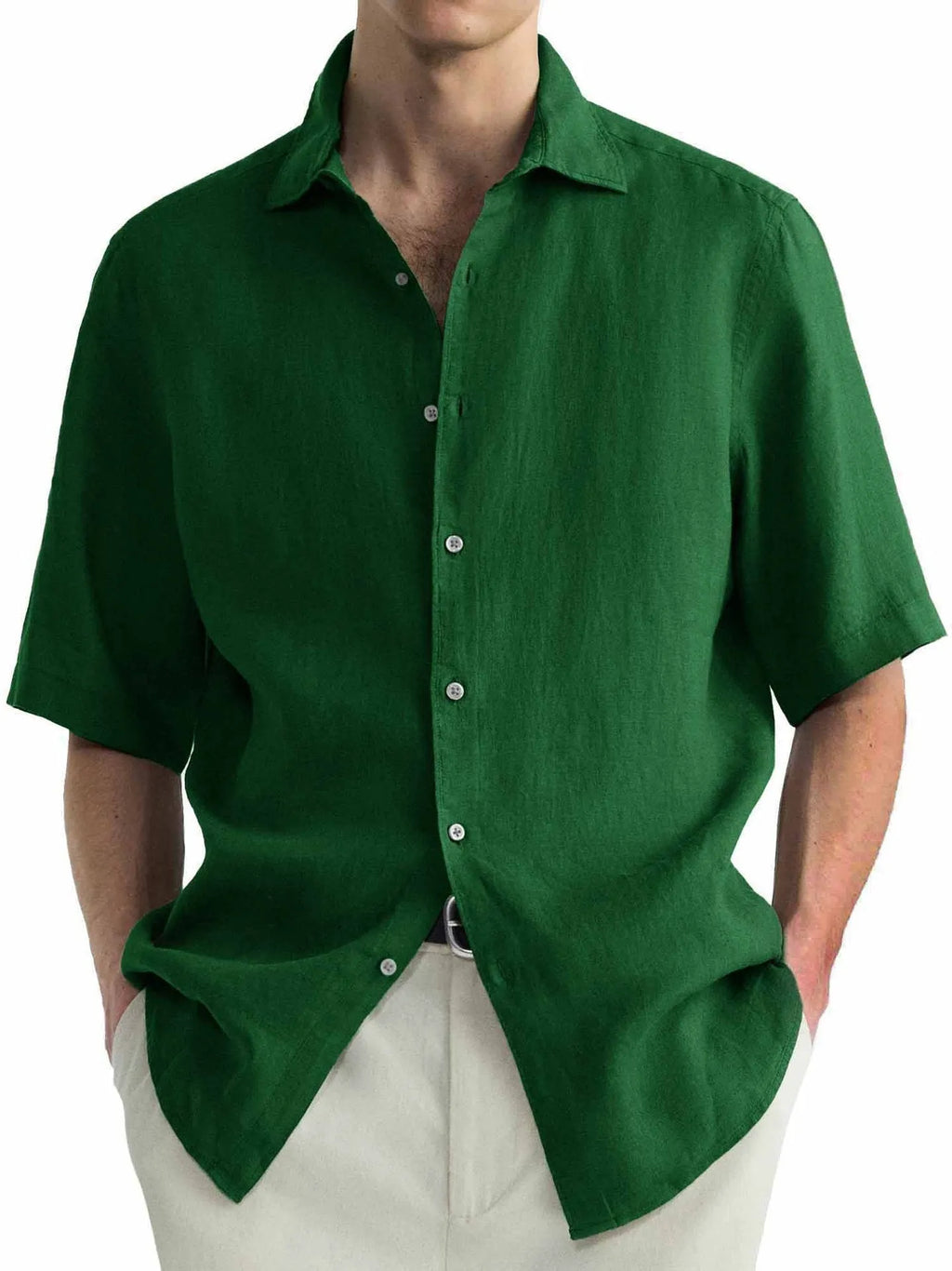 Men's green washed cotton casual shirt in a cardigan style, regular fit.