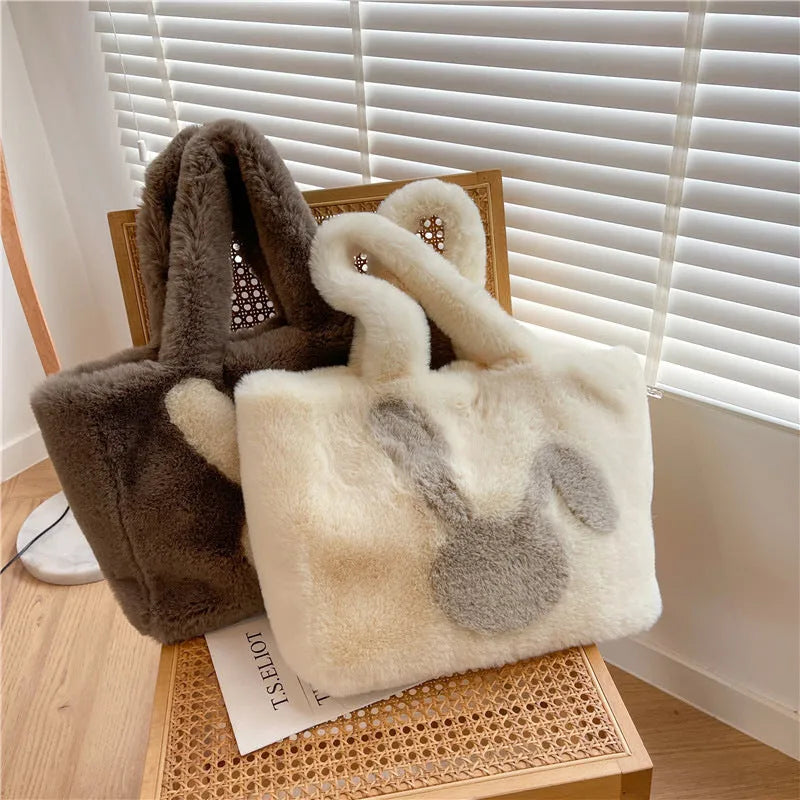 Cartoon rabbit ears plush shoulder bag in solid colour with large tote capacity