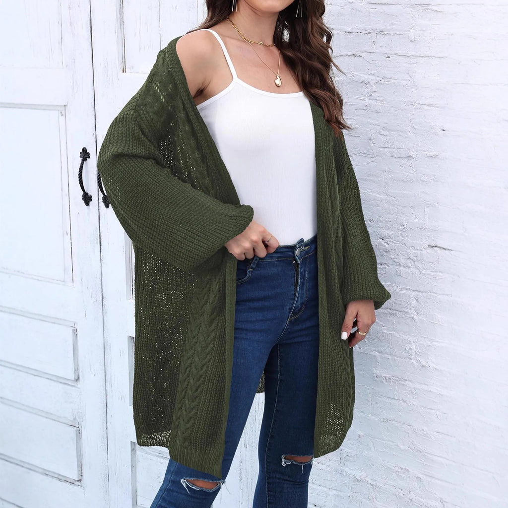 Women's loose acrylic sweater coat cardigan in army green, shown front view