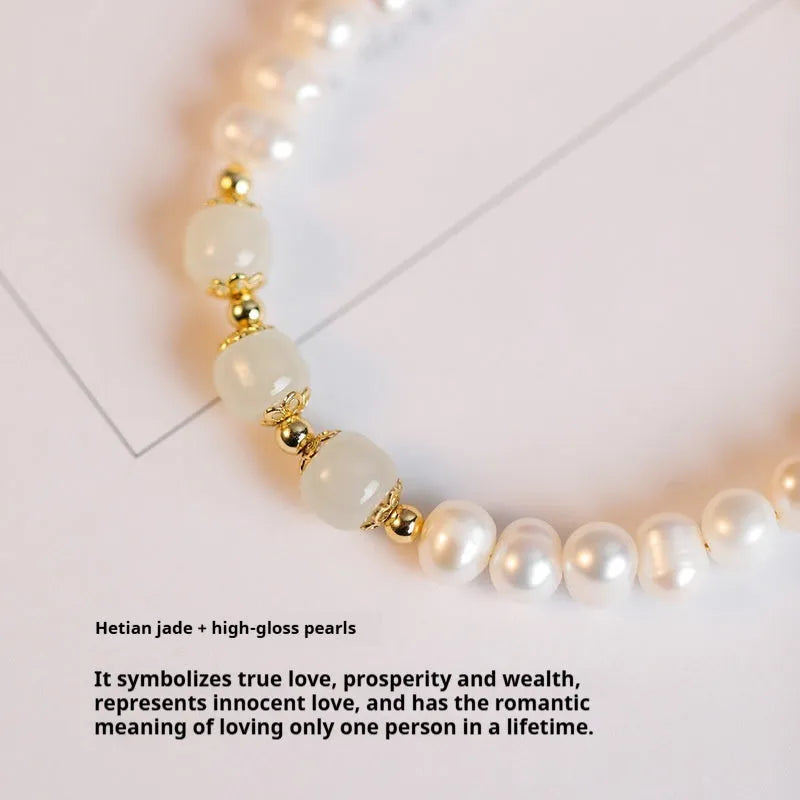 A diamond-shaped natural freshwater pearl bracelet in a Korean style, shown in deep Hetian jade colour with an electroplated finish.