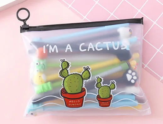 Twenty colourful cartoon cactus design 0.5mm black ink pens in plastic storage case measuring 21 by 17 centimetres