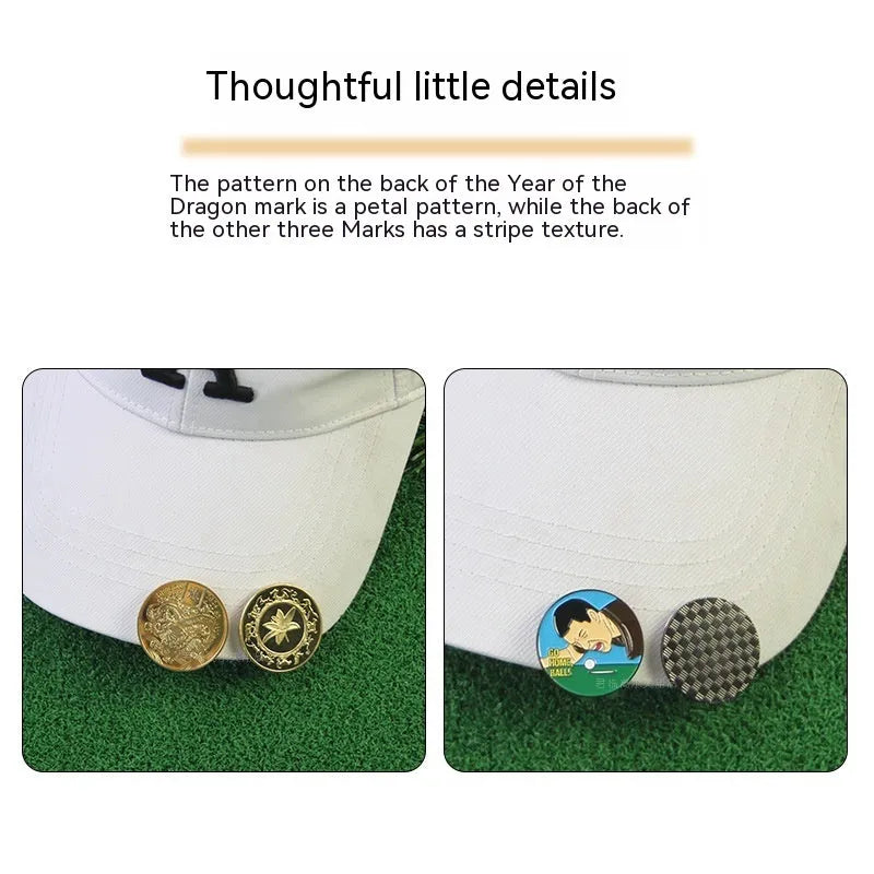 Zinc alloy golf hat clip with laser-engraved Dragon Year pattern for tournament identification