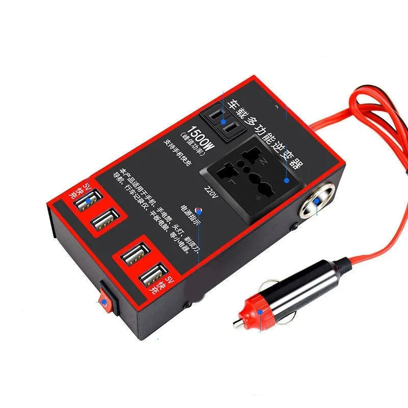 Black automotive power converter converting 12V/24V vehicle power to 220V AC with USB charging