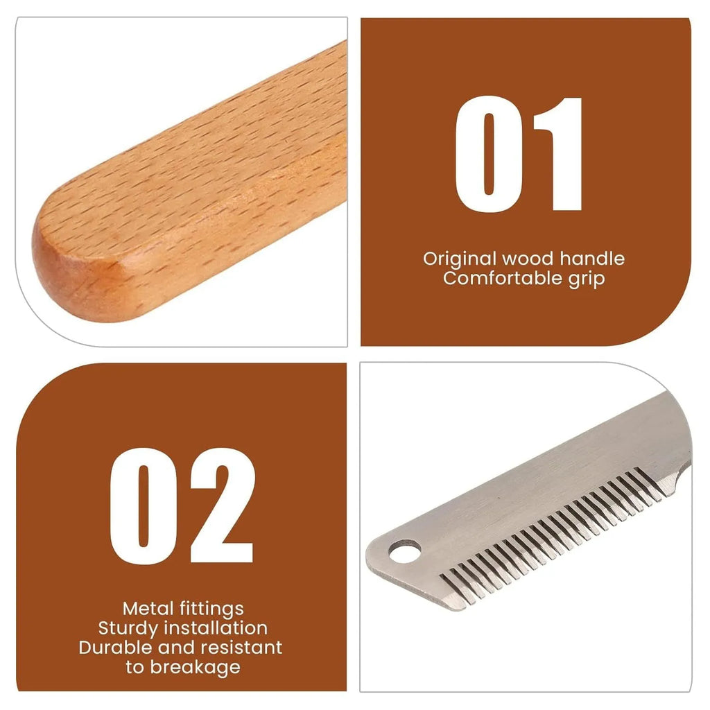Pet stripping comb with wood handle for removing floating hair and mats from dogs and cats.