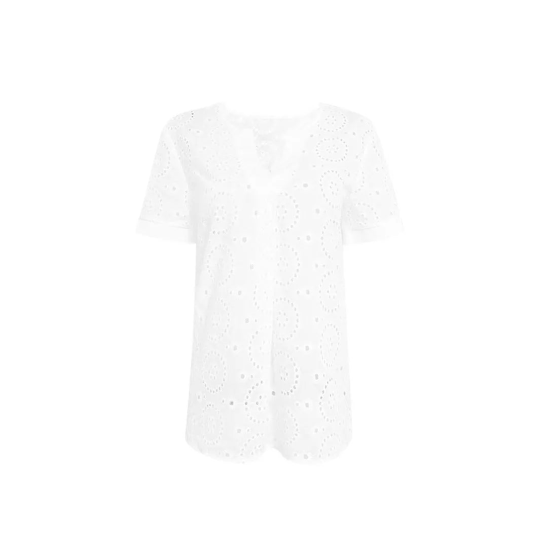 White V-neck t-shirt with hollow out detailing and regular sleeves in loose fit