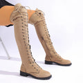 Women's black lace-up over the knee boots with round toe and flat rubber sole