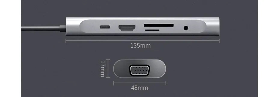 Grey USB-C docking station with aluminium alloy shell and 140mm cable showing HDMI and VGA ports