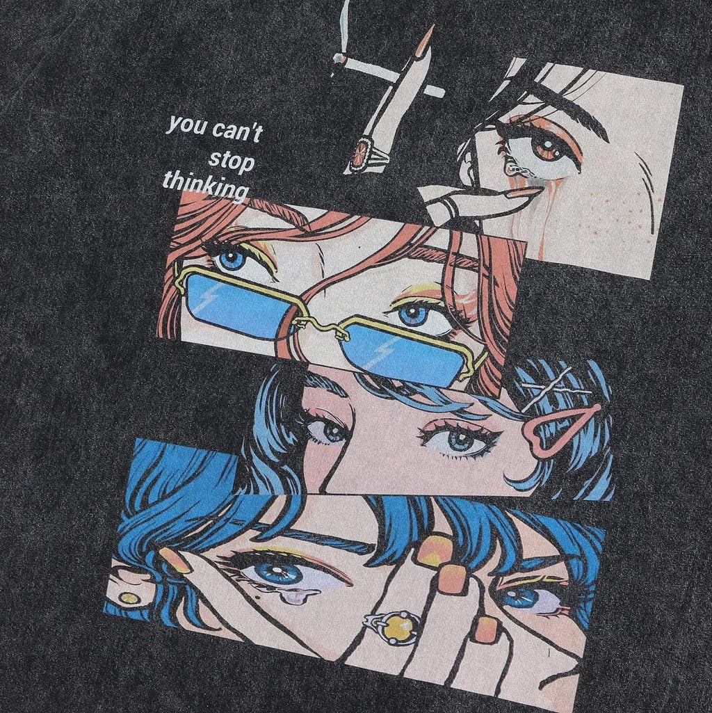 Men's loose fit cotton T-shirt with retro cartoon print and short sleeves