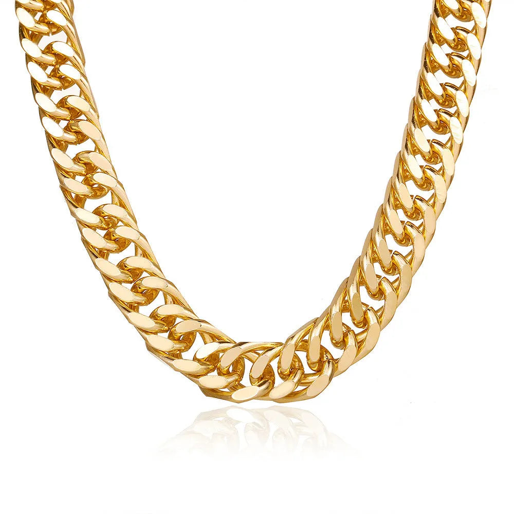 Gold women's thick chain necklace with 32cm length on a plain background.
