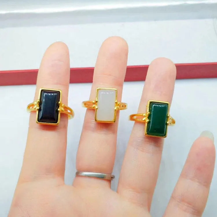 Adjustable brass ring with gold plating and gemstone inlay in national style design