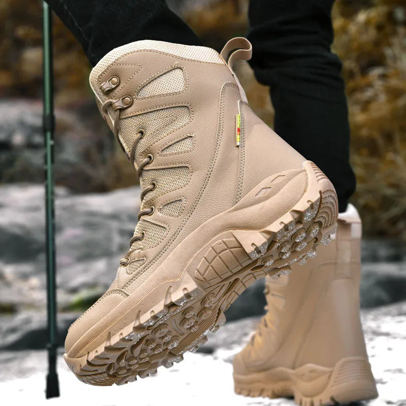 Cowhide leather hi-top hiking shoes in black, brown, and beige colours for outdoor activities