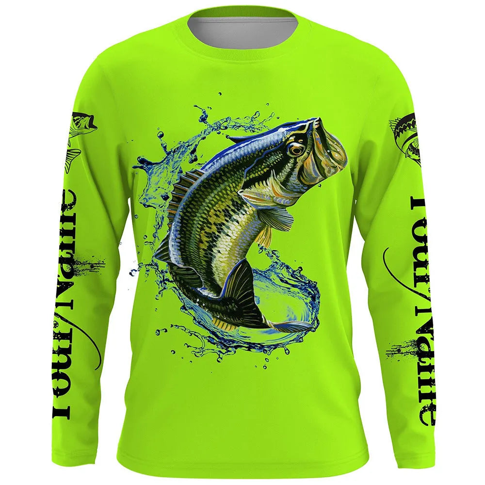 Men's grey long sleeve pullover top with an all-over colourful fish print design, round neck.