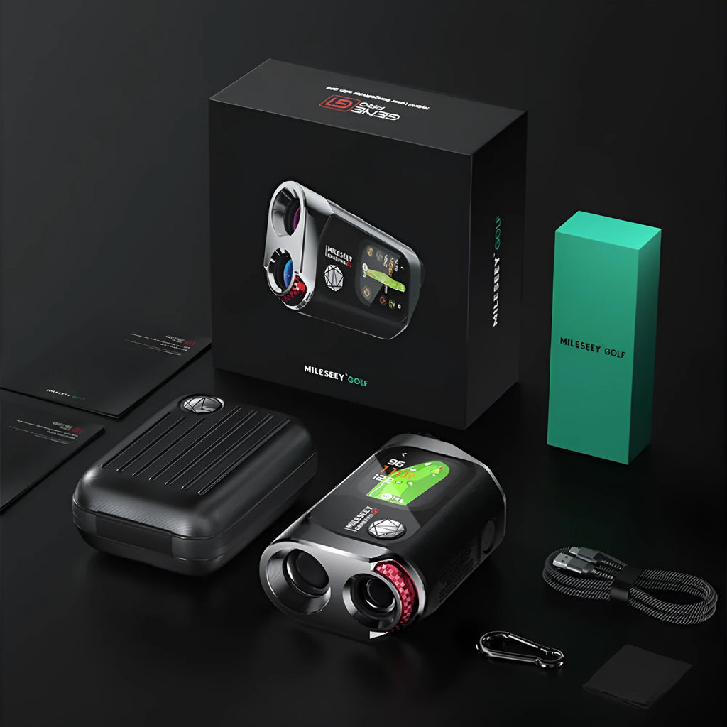 Black GenePro G1 GPS rangefinder portable telescope with AMOLED screen and plastic housing.