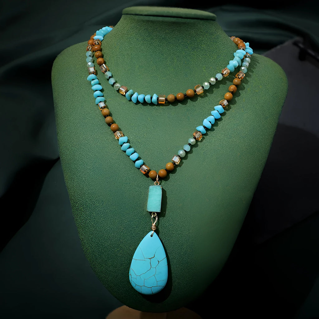 Turquoise blue water drop pendant necklace with heart shape design on mixed material ball bead chain