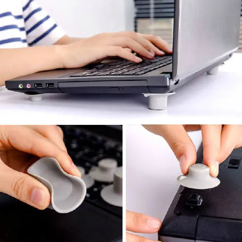 Set of four grey durable plastic laptop cooling pads, two large and two small, on a flat surface.