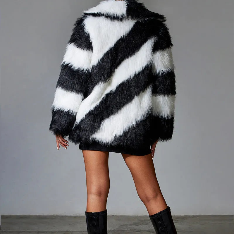 Picture colour faux fur coat with contrast lapels and fur collar, 50cm length with regular sleeves