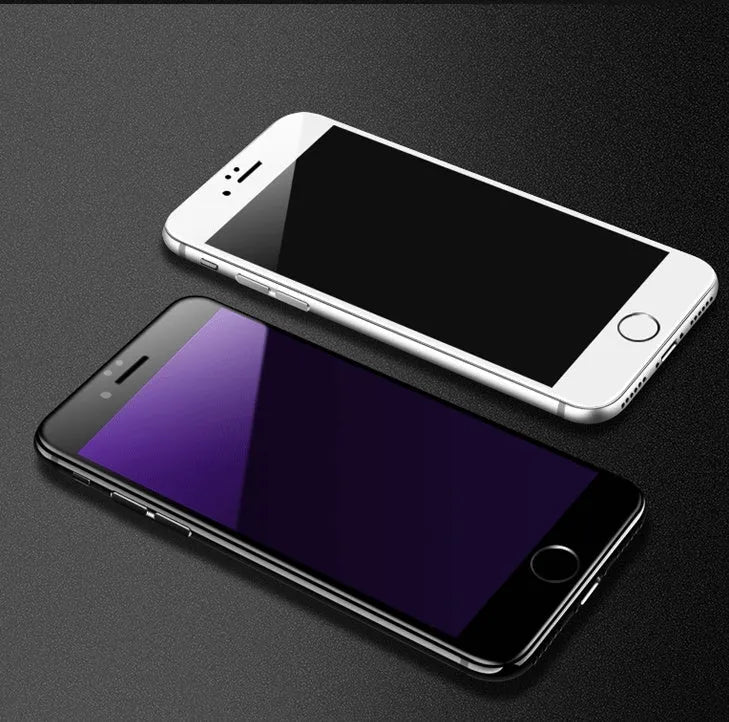 Black and white tempered glass screen protectors with soft edges for various iPhone models.