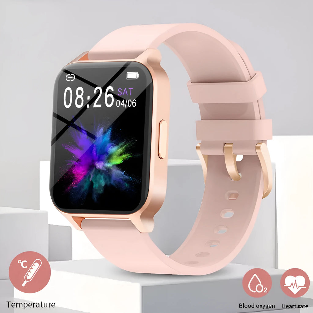 Smart health watch with colour screen on a black mesh metal strap, showing heart rate and step data.