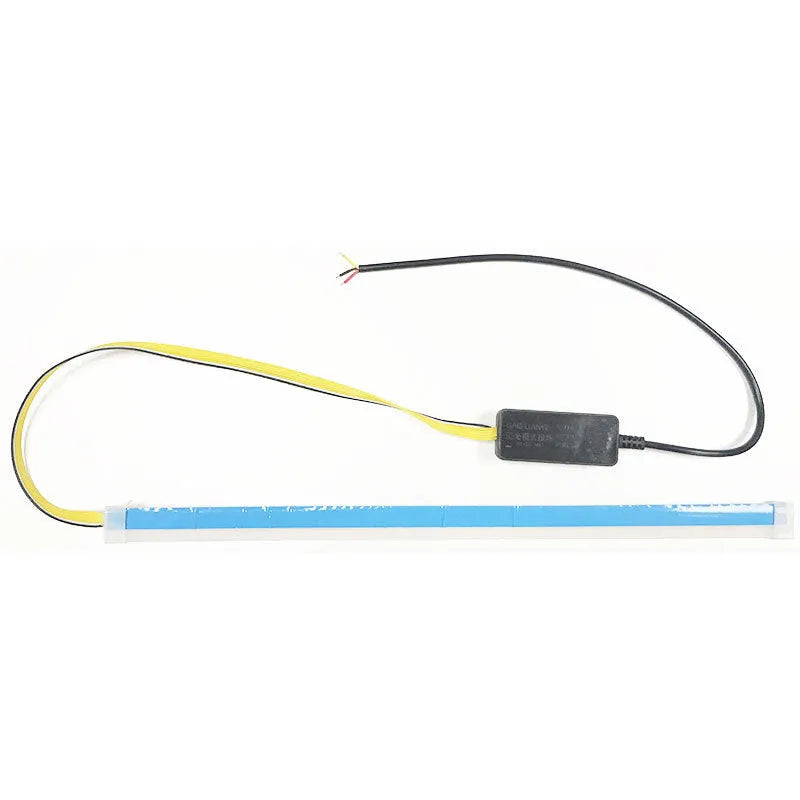 Blue and yellow LED car light strip installed on a vehicle headlight
