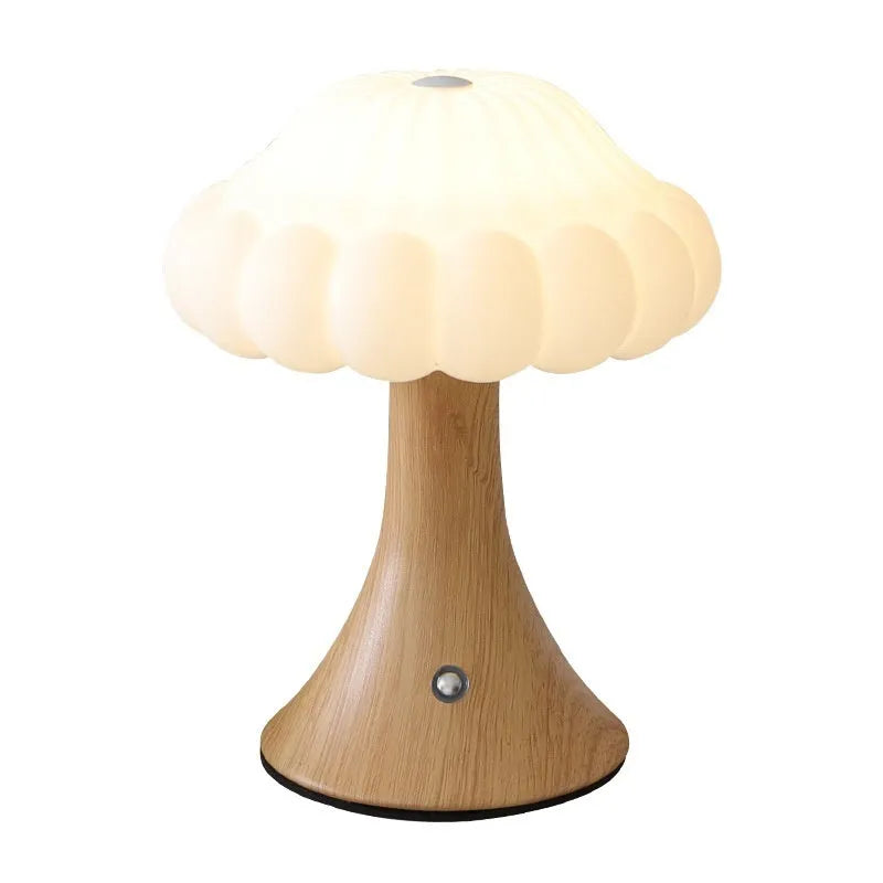 Mushroom shaped touch control night lamp with USB charging in wood grain colour