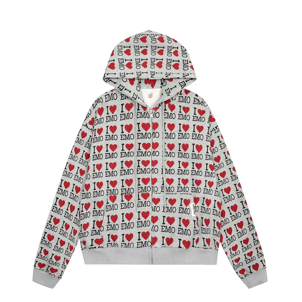 Women's grey cotton cardigan with autumn retro pattern and hood