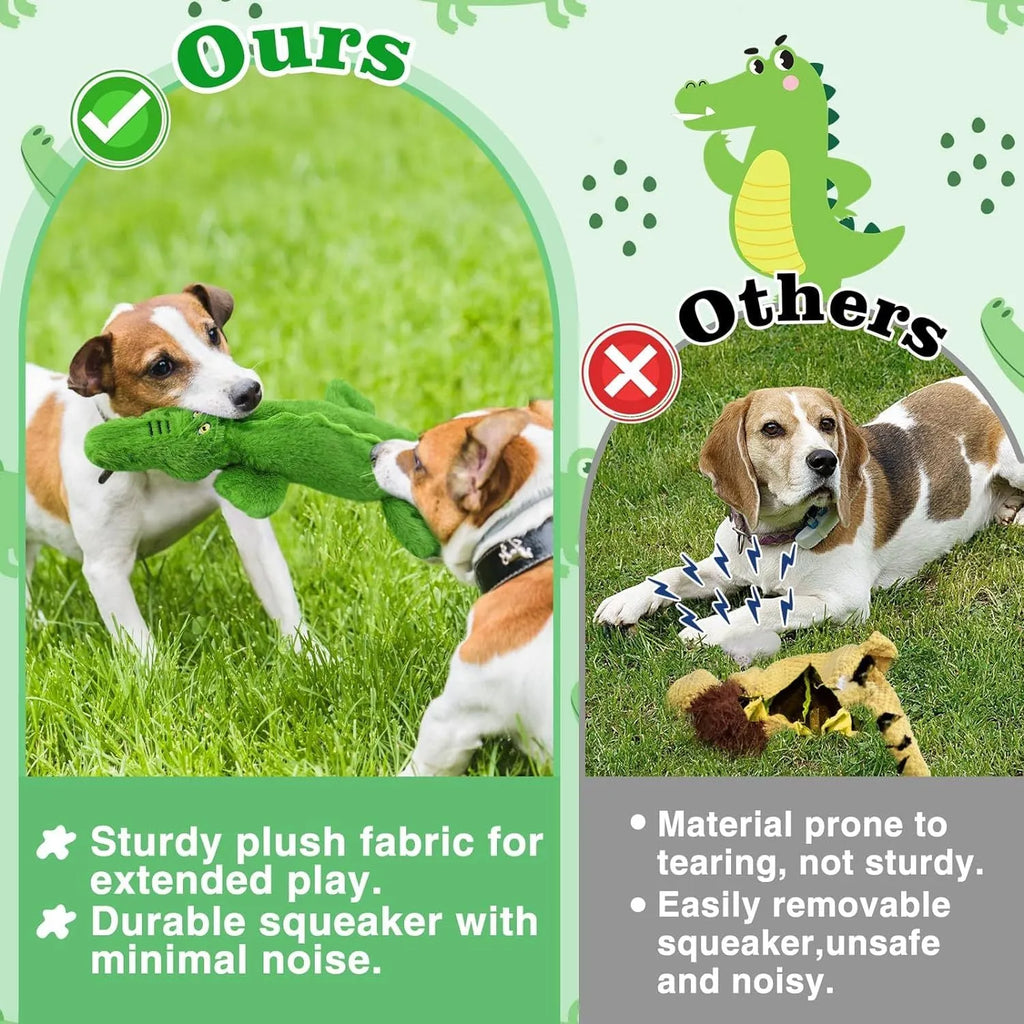 Dark green crocodile-shaped no-stuffing plush dog toy with squeaker and crinkle sound elements
