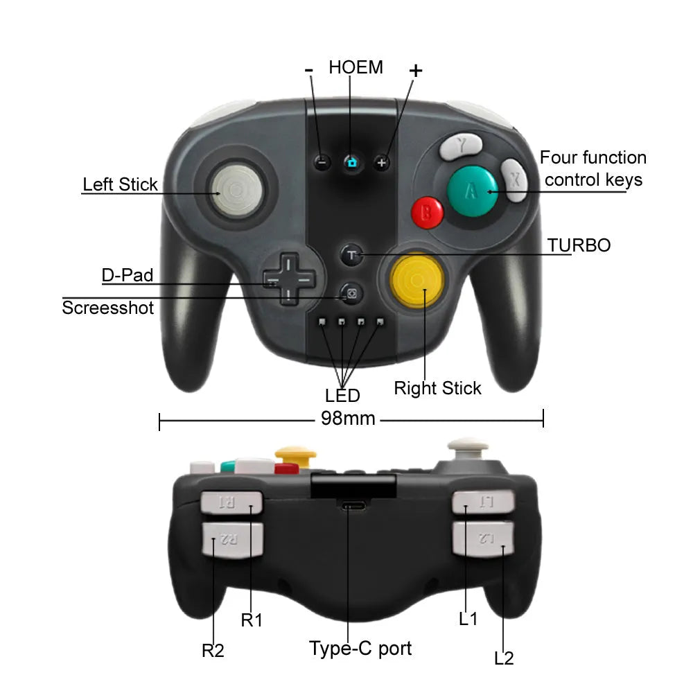 Black wireless gamepad for Nintendo Switch and PC with colourful packaging, showing buttons and joysticks.