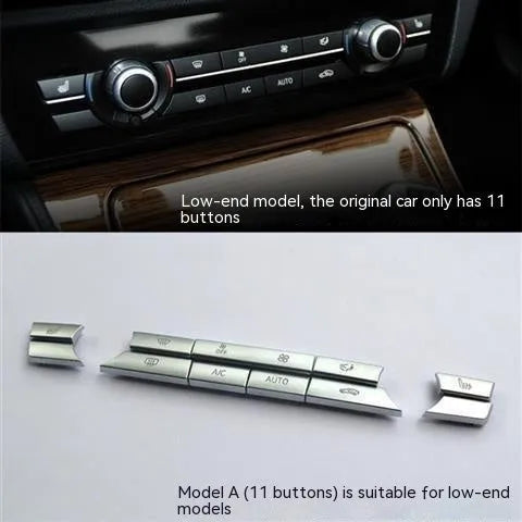 Automotive air conditioning button panel replacement parts showing silver buttons in multiple fitting sizes
