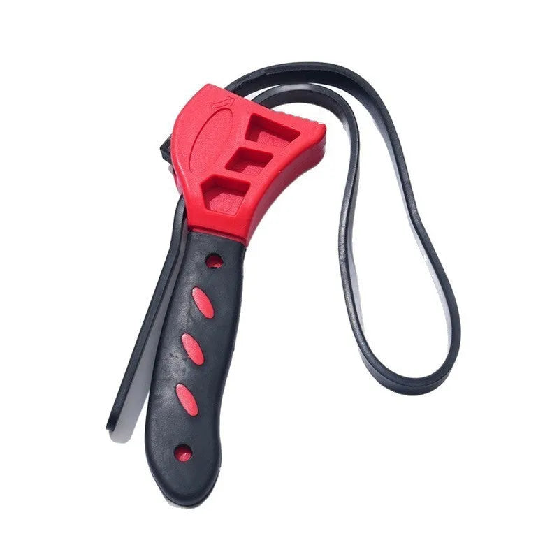 A 6-inch and an 8-inch adjustable rubber strap wrench with a plastic handle and phosphated metal parts.