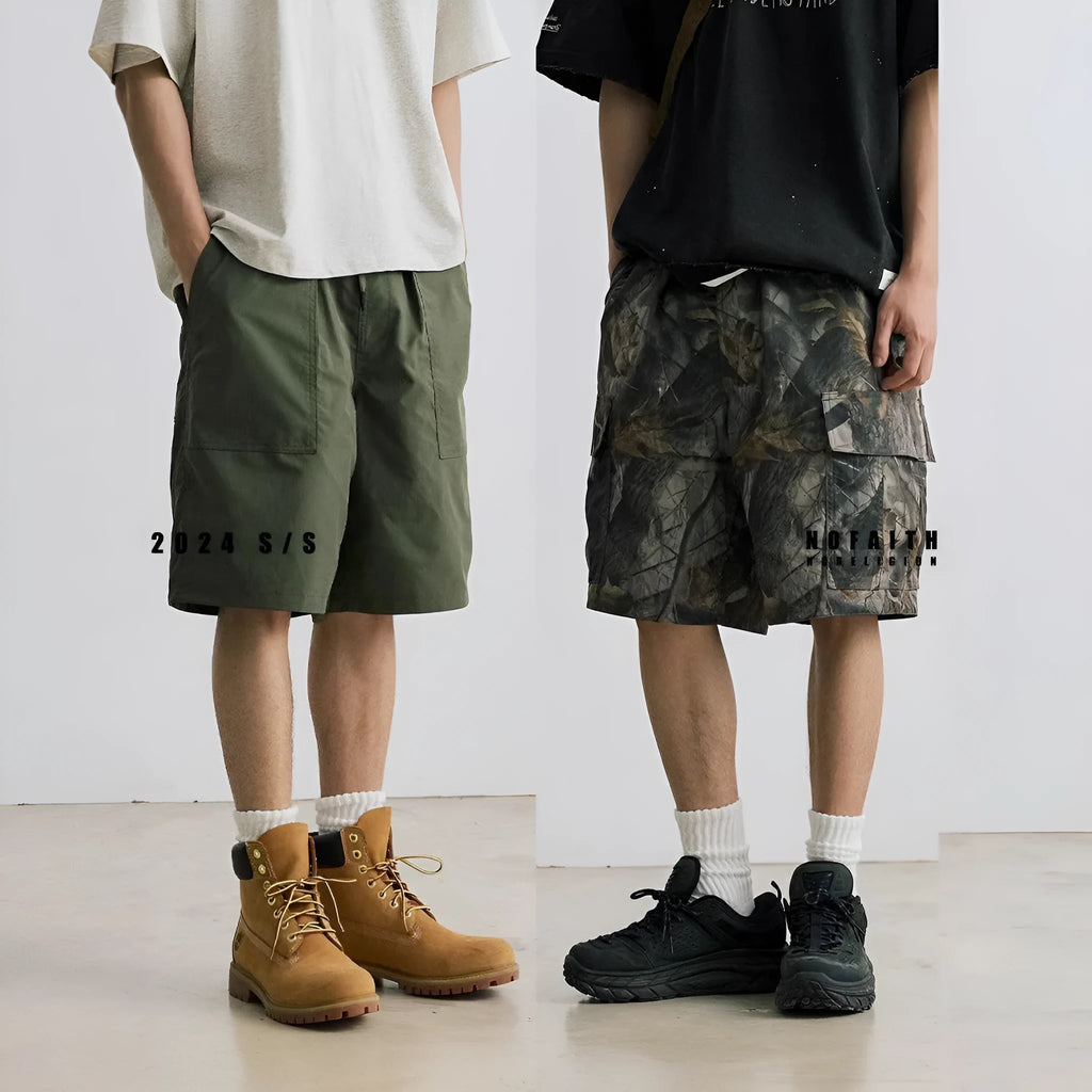 Men's loose casual straight-leg denim shorts in black and army green colours