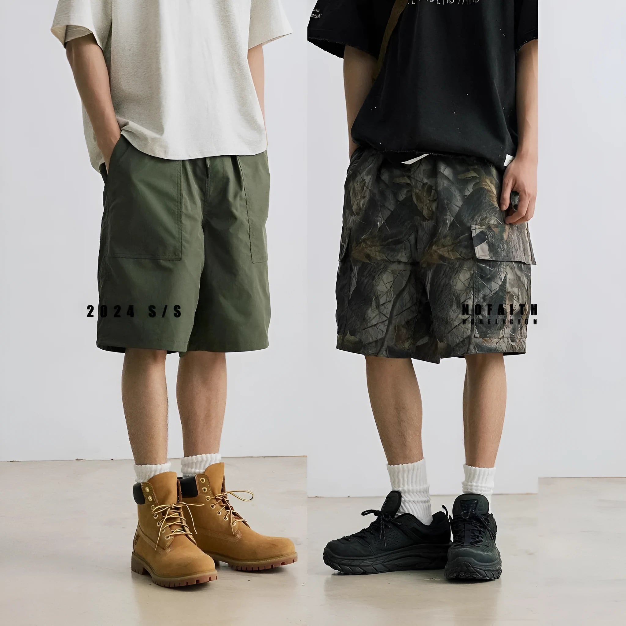 Men's loose casual straight-leg denim shorts in black and army green colours