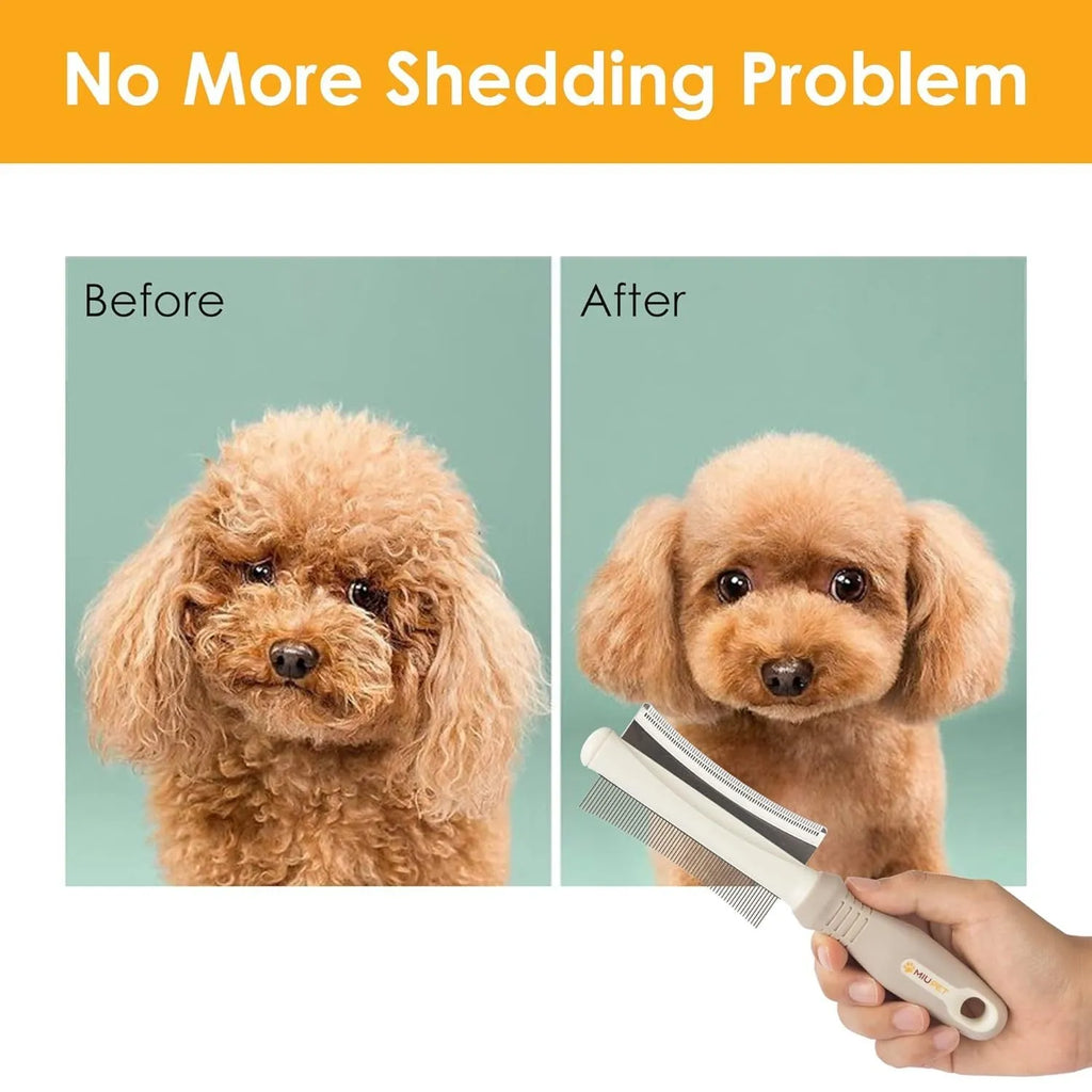 White double-sided pet grooming brush with curved comb and deshedding brush functions