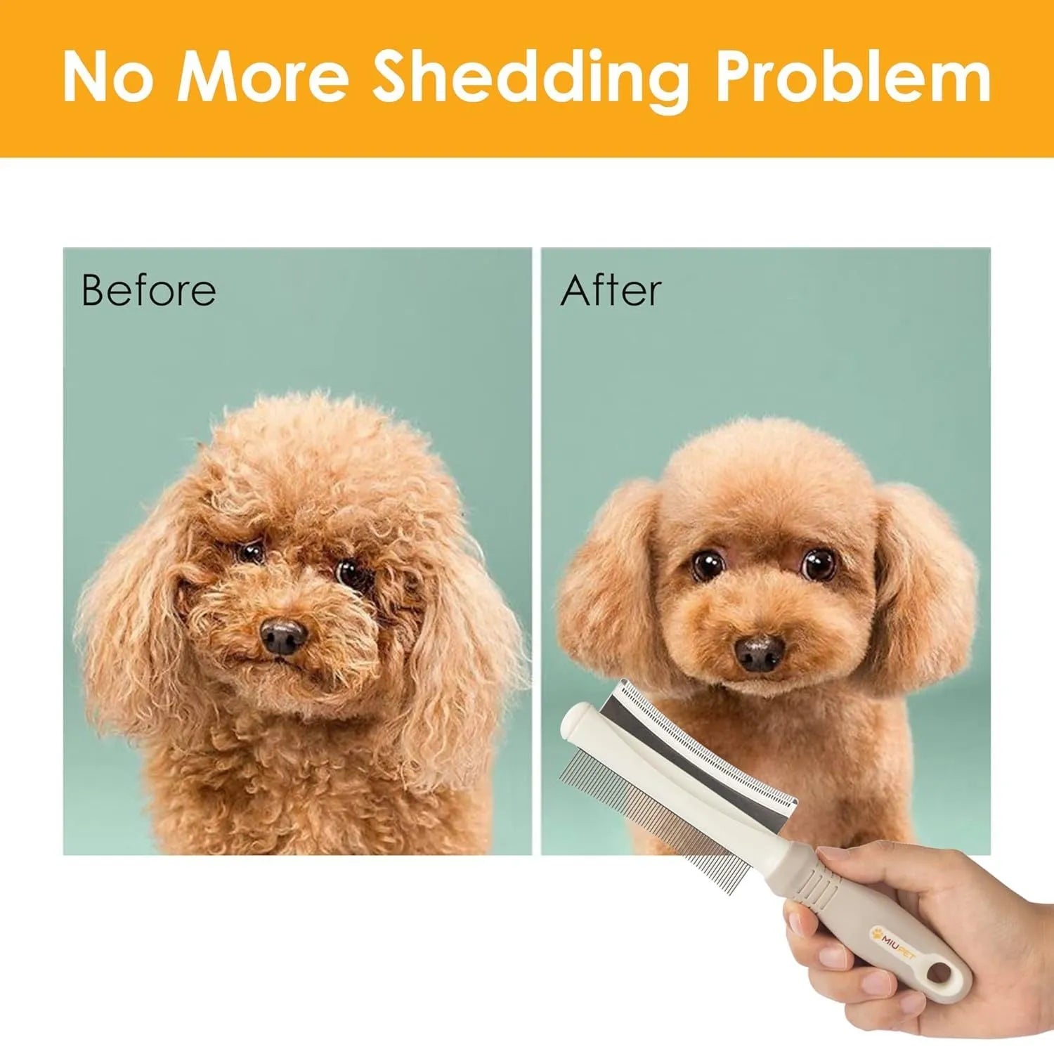 White double-sided pet grooming brush with curved comb and deshedding brush functions