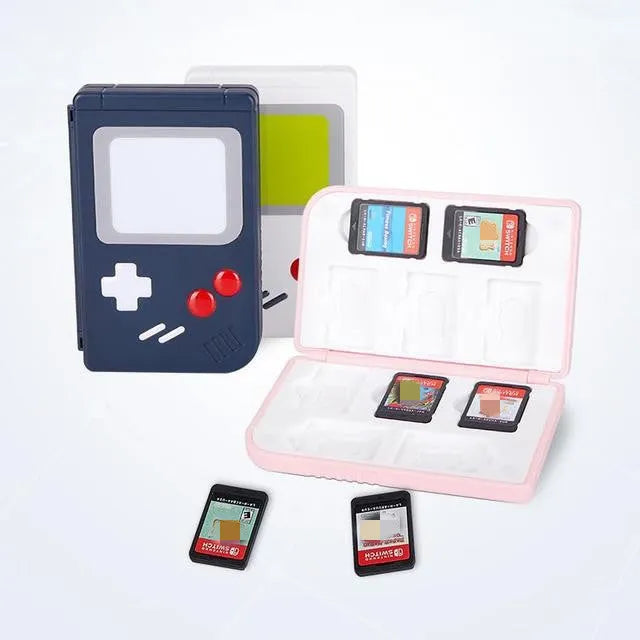 Small blue Nintendo SWITCH game card storage box next to game cards.