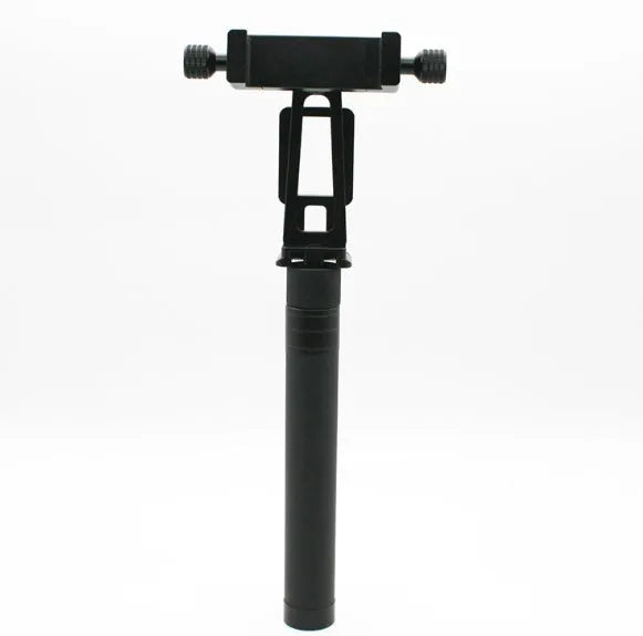 Black retractable aluminium selfie stick with hand-held stabiliser grip holding a smartphone.