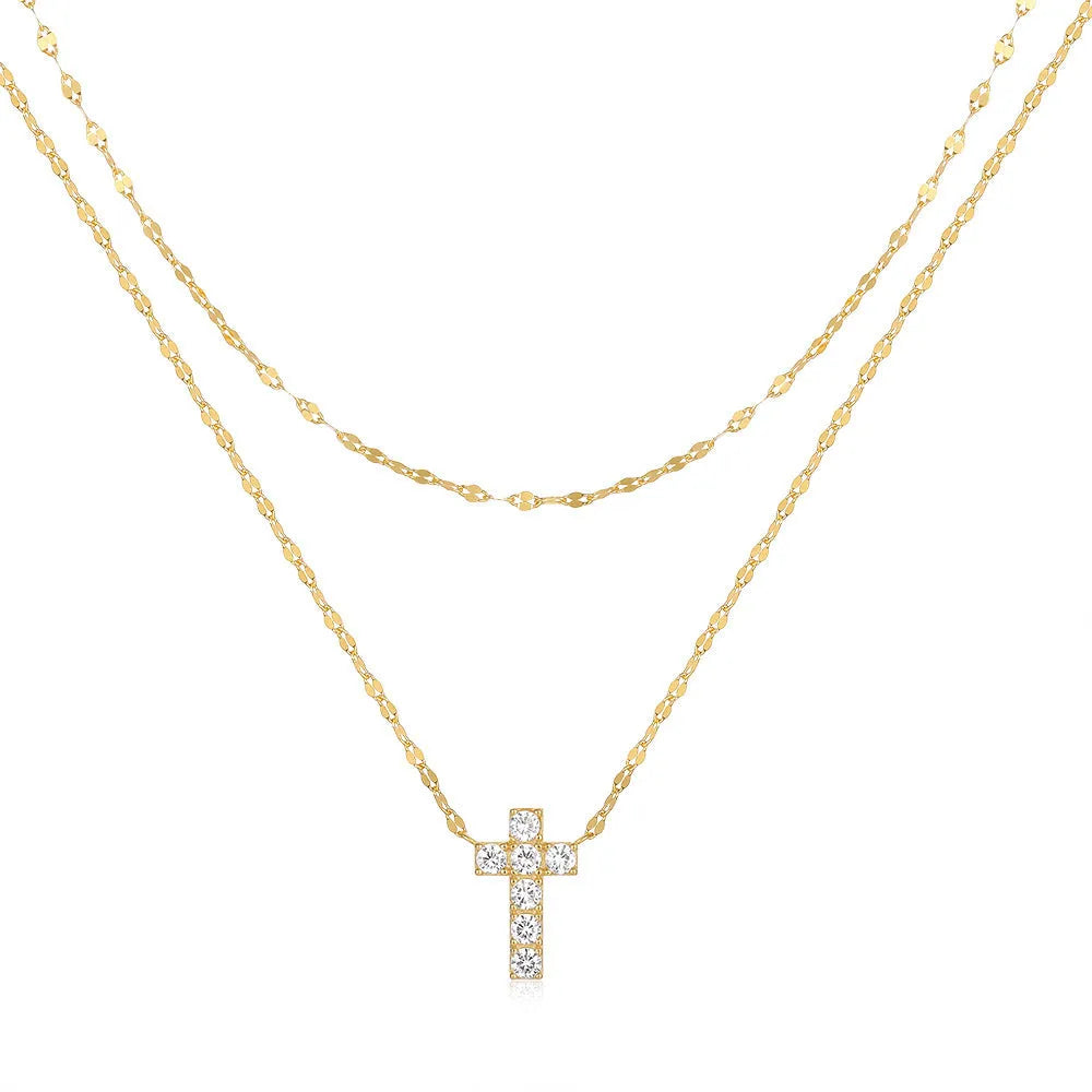 Sterling silver double layer twin diamond cross pendant necklace with S925 chain in geometric design