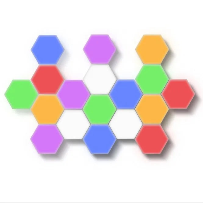 Helios modular honeycomb wall lamp with touch control and multiple colour options on a modern interior wall