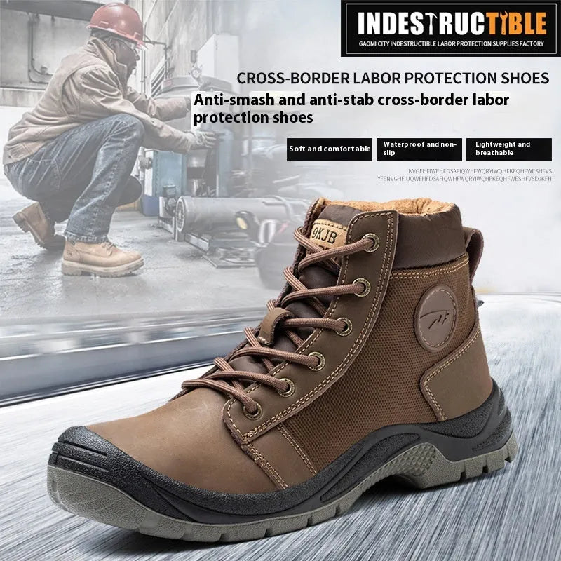 Leather and rubber anti-smashing lightweight labour protection shoes in orange, grey, green, or yellow