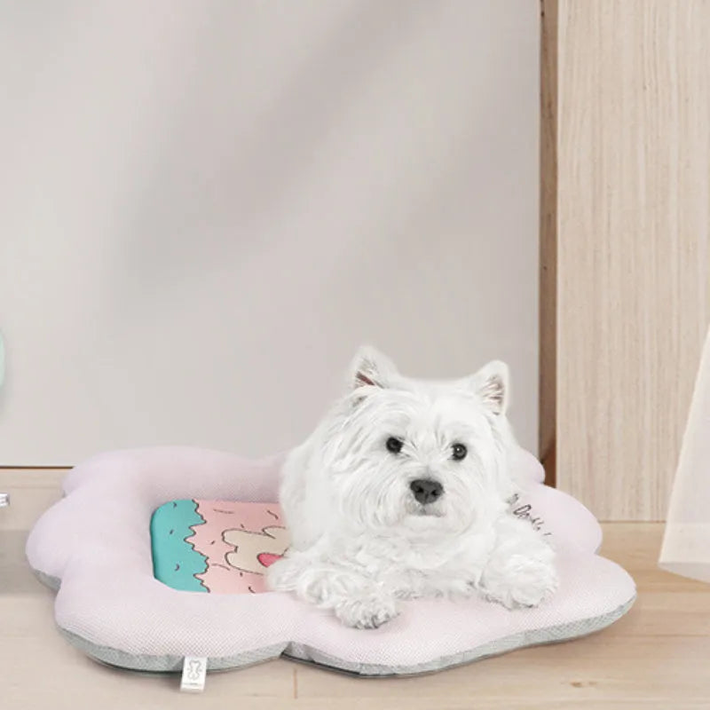 Ice silk pet cooling mat for dogs and cats in green and pink colours, available in four sizes