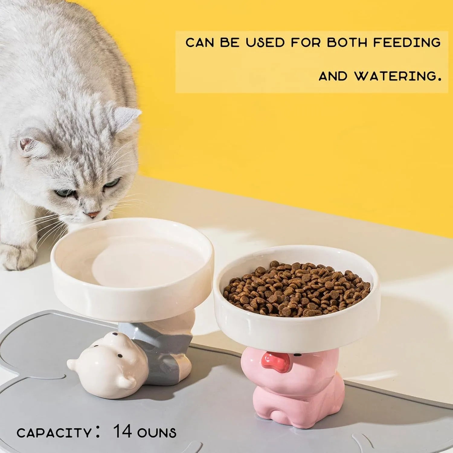 Ceramic raised cat bowl in animal theme design on white background