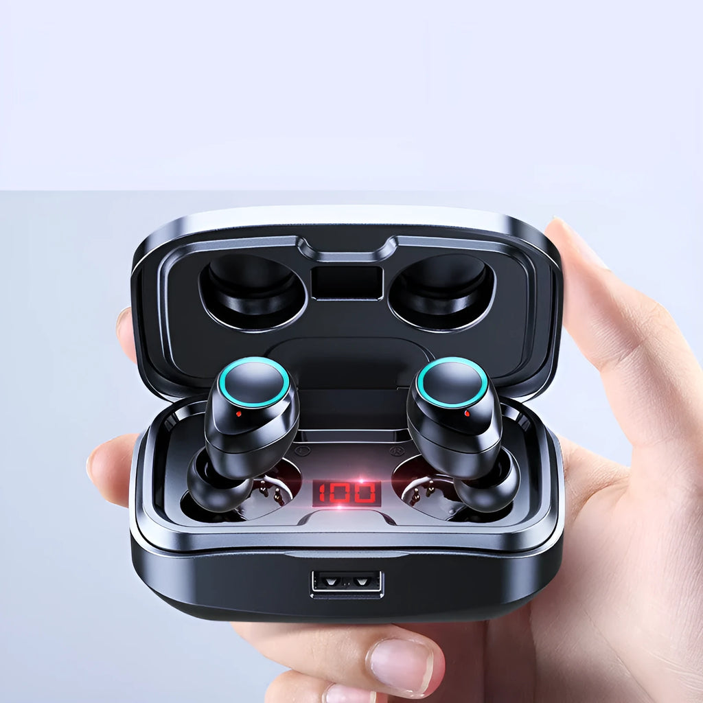 Wireless Bluetooth 5.0 in-ear headphones in black colour showing earplug design