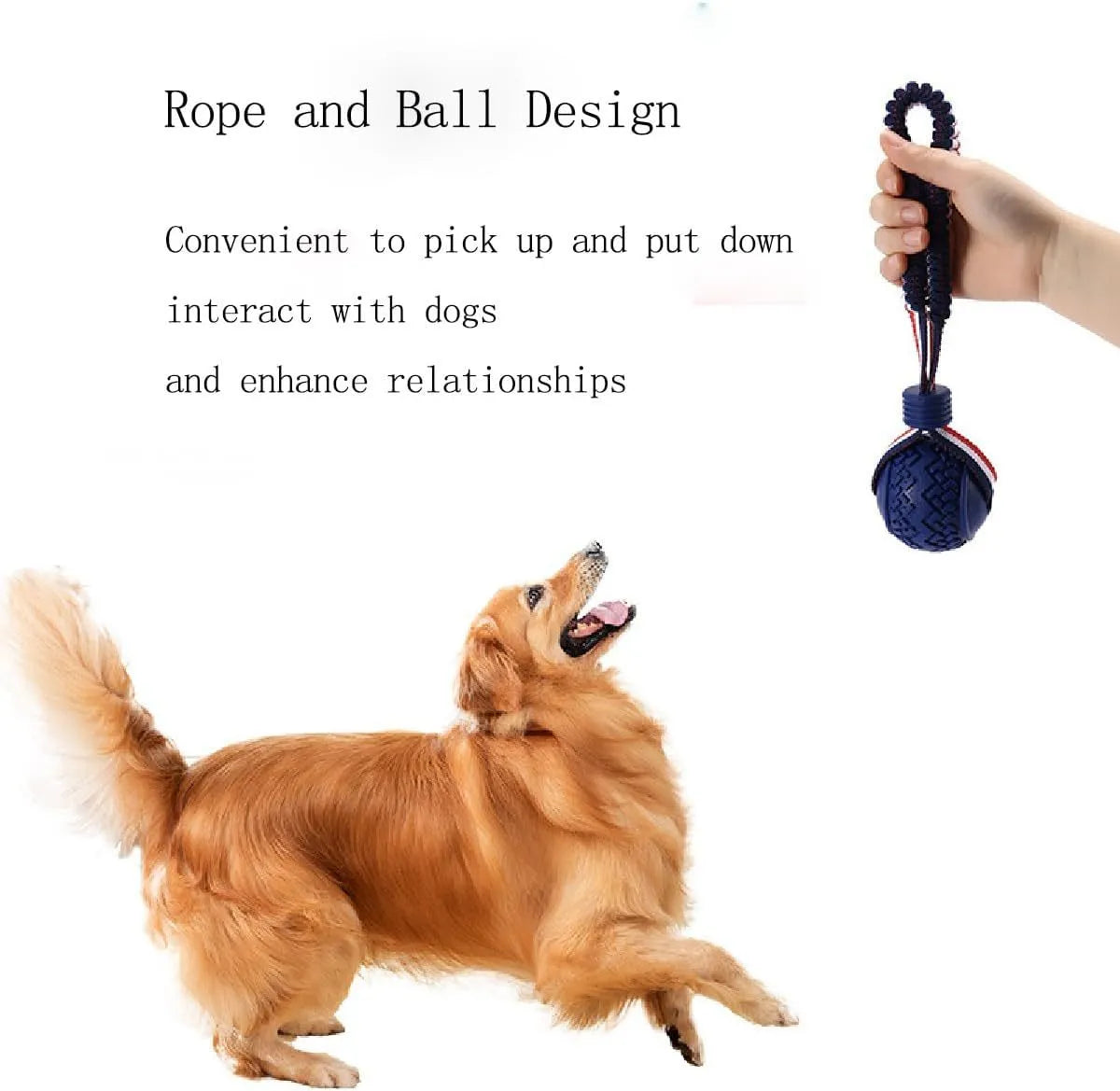 Blue and red dog toy with a rubber ball on a rope for tug-of-war and teeth cleaning.