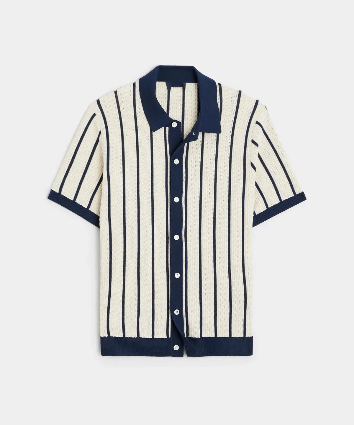 Men's white knitted short sleeve top with a lapel collar and asymmetric British style design
