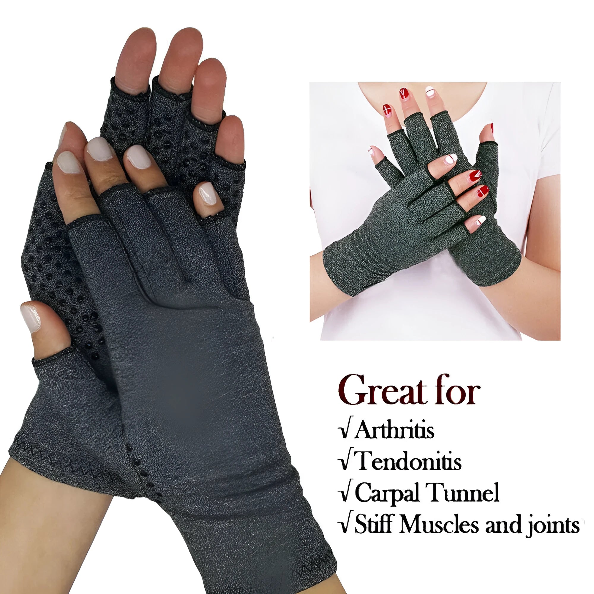Grey half-finger compression gloves for hand pain relief, shown in a dispensing style