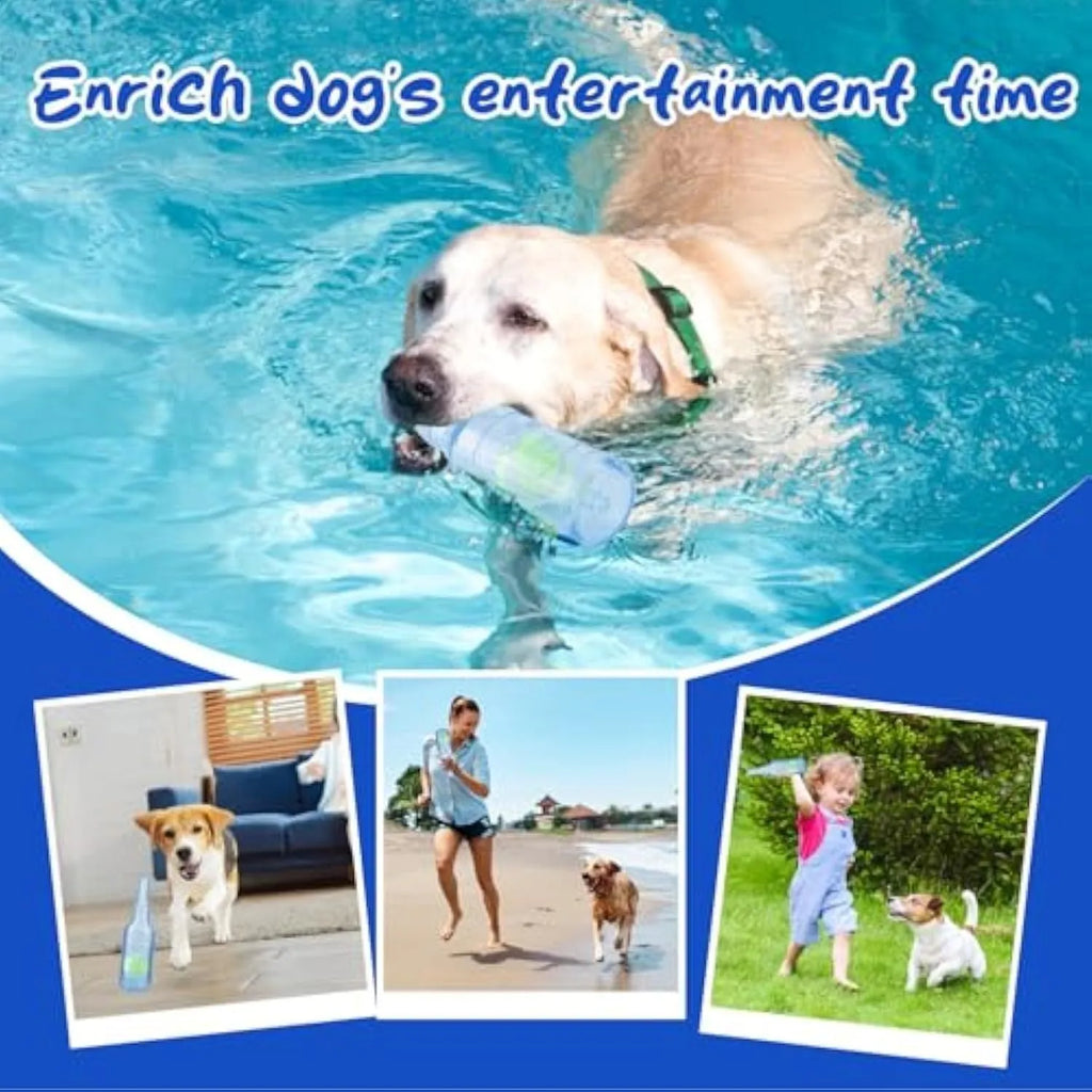 Blue water bottle dog chew toy with squeaker floating in pool for interactive play.
