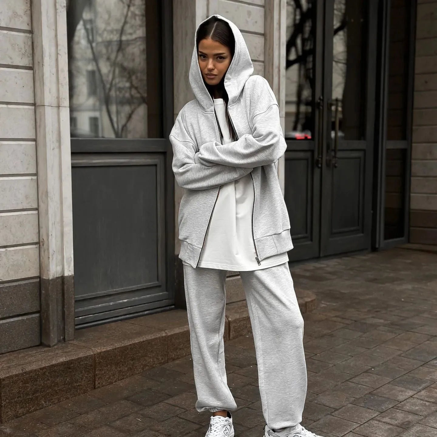 Street style long-sleeved coat and trousers two-piece set in solid colour loose fit
