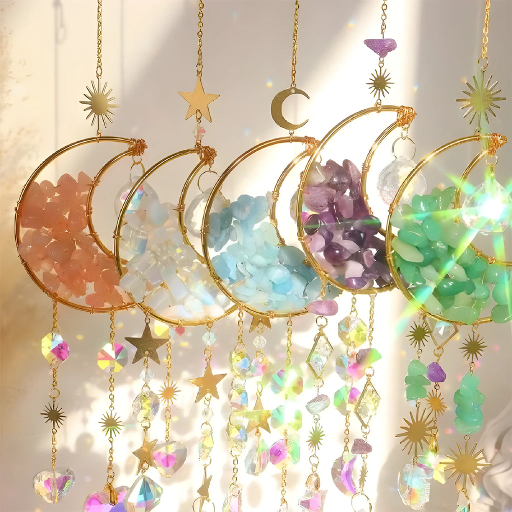 Moon-shaped K9 crystal car pendant on 420mm chain in multiple colour options