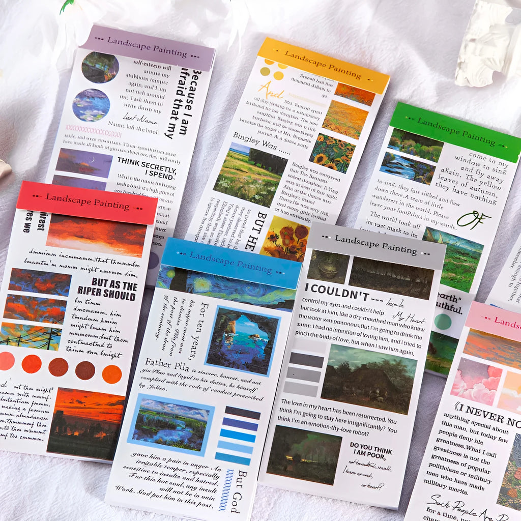 Pack of 20 landscape painting paper stickers measuring 60 by 120 millimetres.