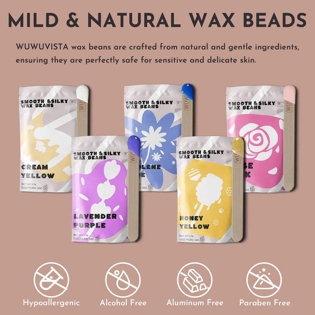 Professional waxing kit with wax warmer, hard wax beans, application sticks, and post-care products