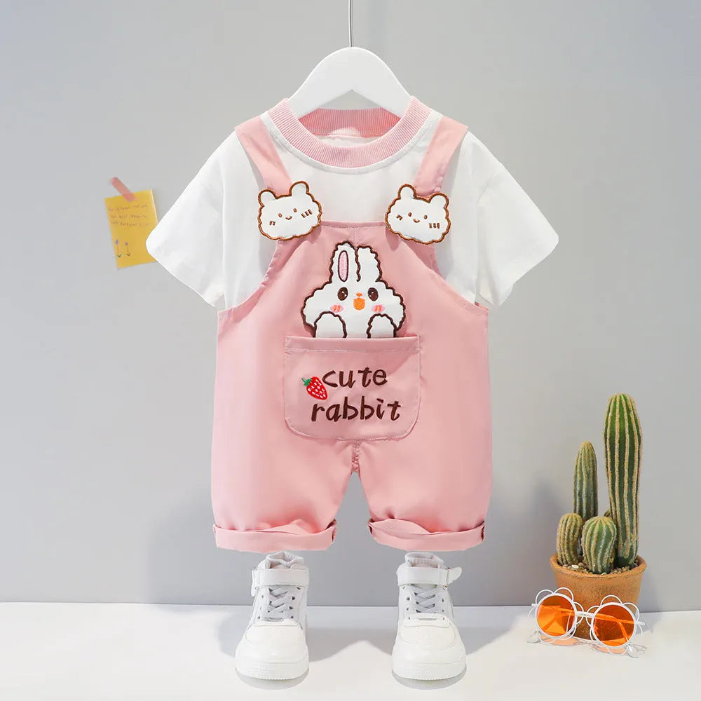 Yellow cotton baby short-sleeved overalls with cartoon print and adjustable straps